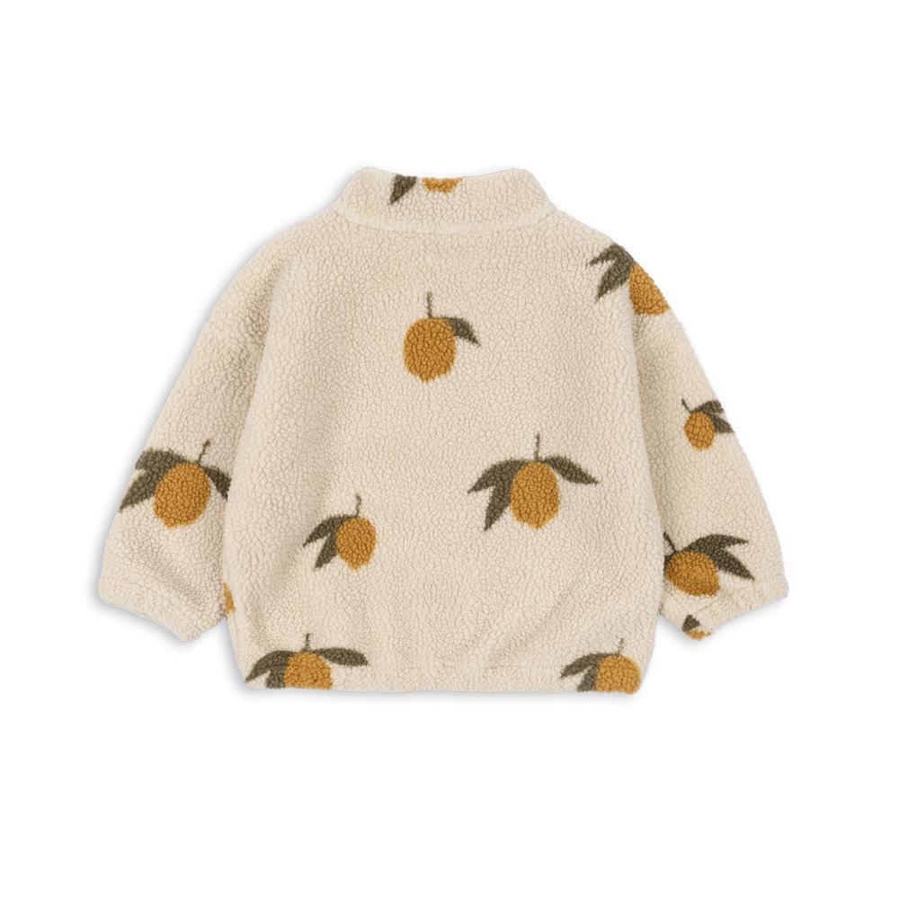 A full view of the fleece jacket from the back, showing the all-over lemon print and relaxed fit.