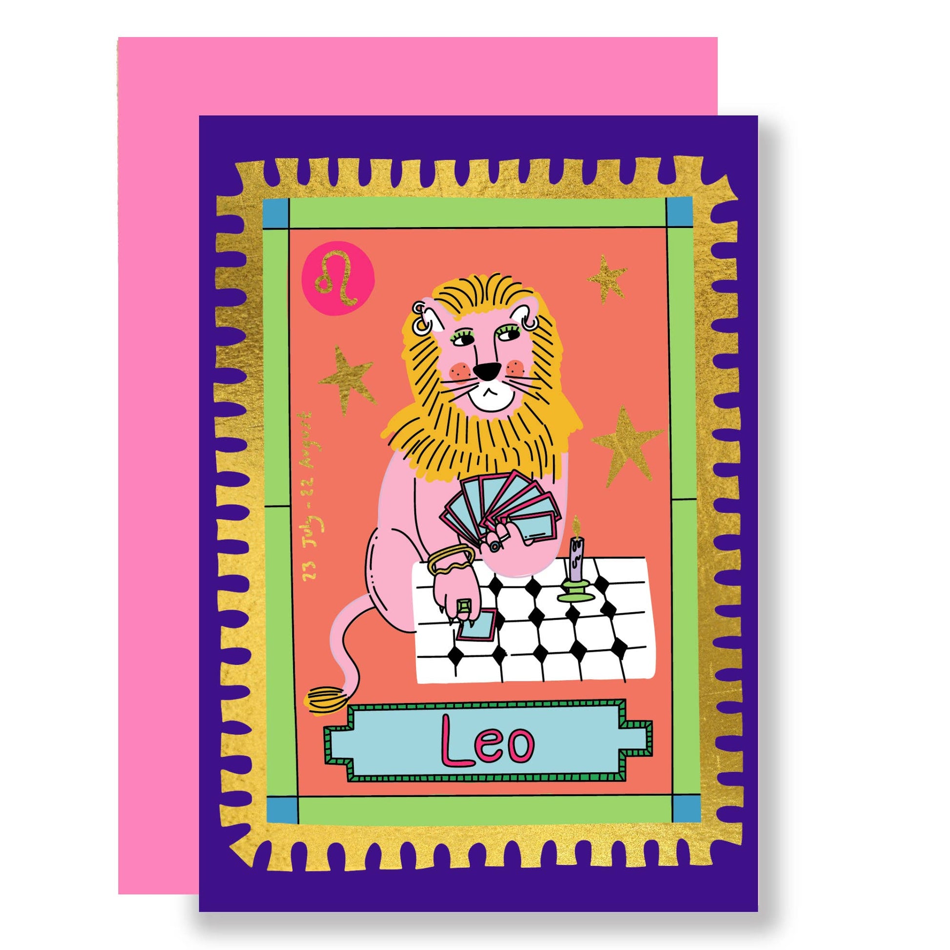 Lion wearing piercings and rings, playing a game of cards against a pink background with a gold foil trim.