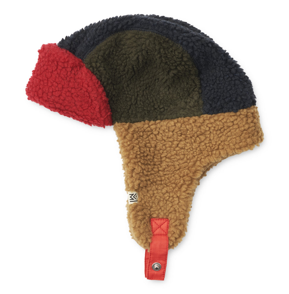 Liewood Bravo Pile Hat in Army Brown/Multi Mix, featuring brown, navy blue, and red color tones, with soft fleece lining, earflaps, and adjustable snap-button straps, displayed on a neutral background.