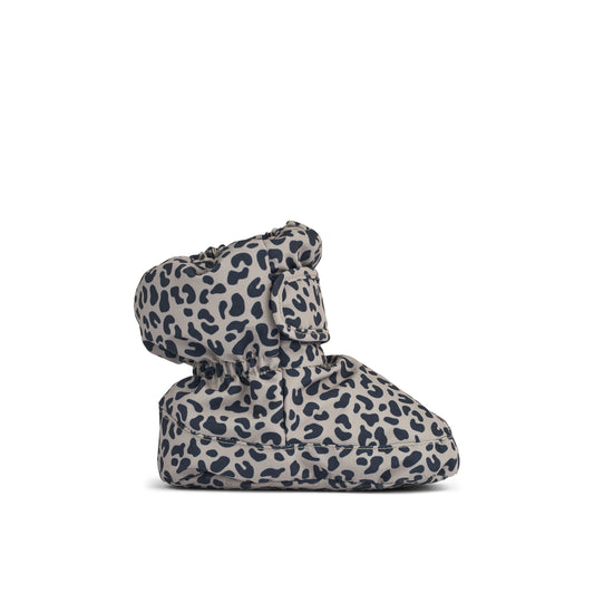 Liewood Heather Baby Footies in Mini Leo/Mist, featuring a soft fleece lining, water-repellent and windproof material, Velcro ankle closure, and non-slip soles, displayed on a neutral background. View from the side