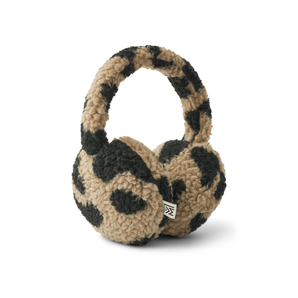 Liewood Albero Pile Ear Warmers in Mega Leo/Oat, featuring soft recycled fleece, an animal print design, and a cozy fit for children, displayed on a neutral background.