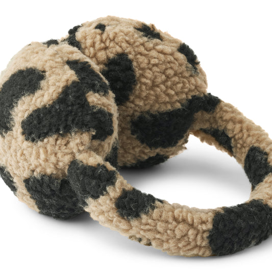 Liewood Albero Pile Ear Warmers in Mega Leo/Oat, featuring soft recycled fleece, an animal print design, and a cozy fit for children, displayed on a neutral background.