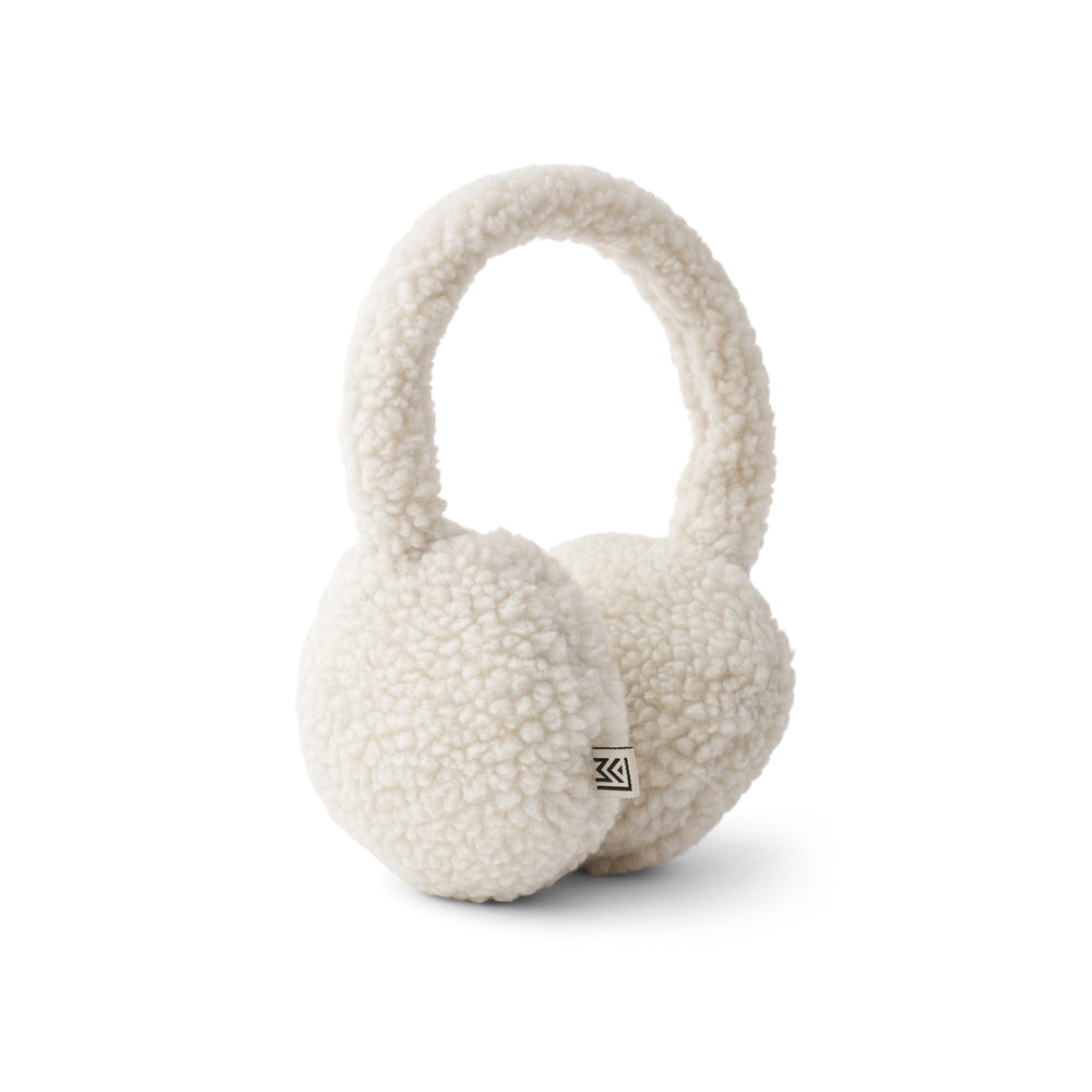 Liewood Albero Pile Ear Warmers in Sandy, featuring soft recycled fleece, a neutral sandy colour, and a cozy fit for children, displayed on a neutral background.