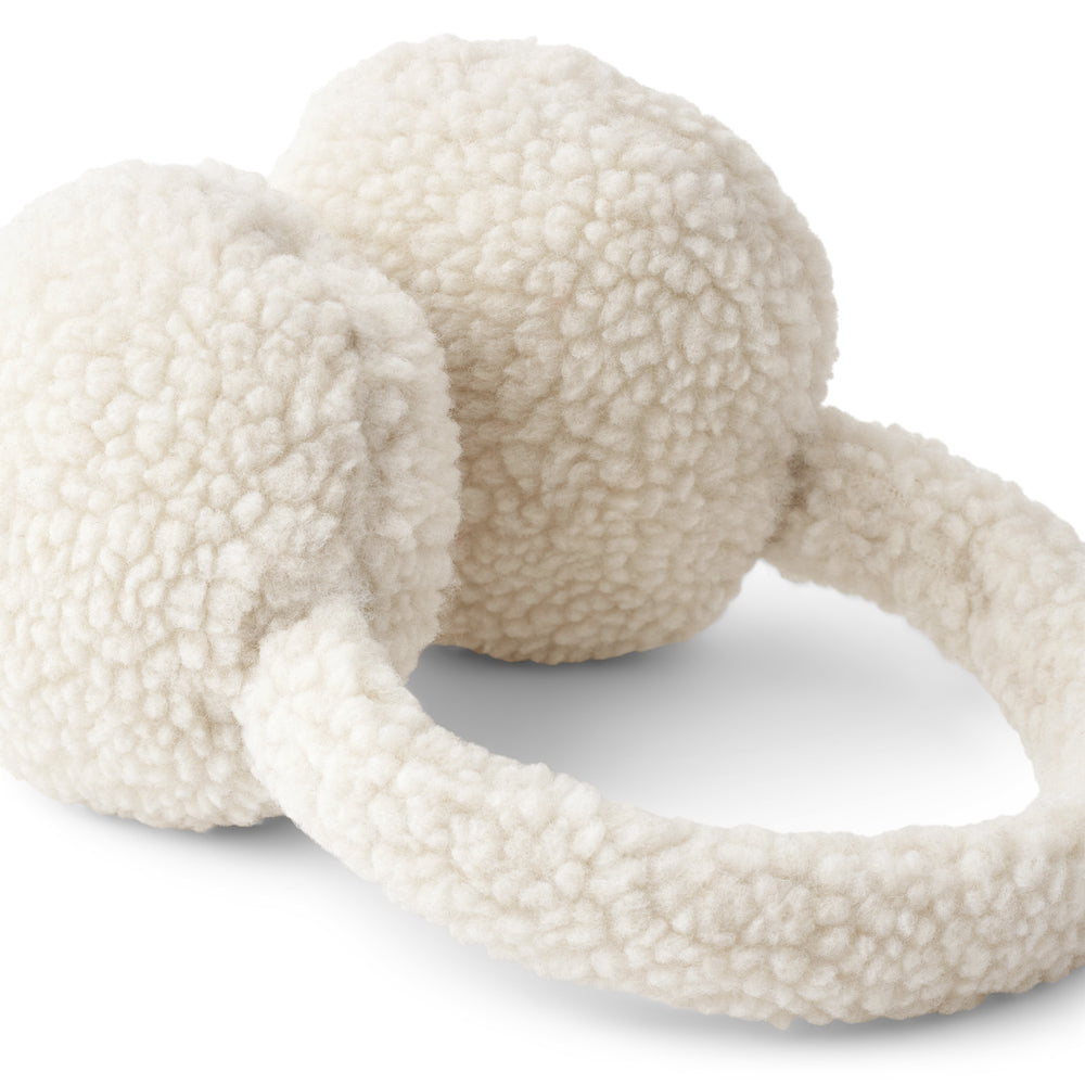 A close up the Liewood Albero Pile Ear Warmers in Sandy, featuring soft recycled fleece, a neutral sandy colour, and a cozy fit for children, displayed on a neutral background.