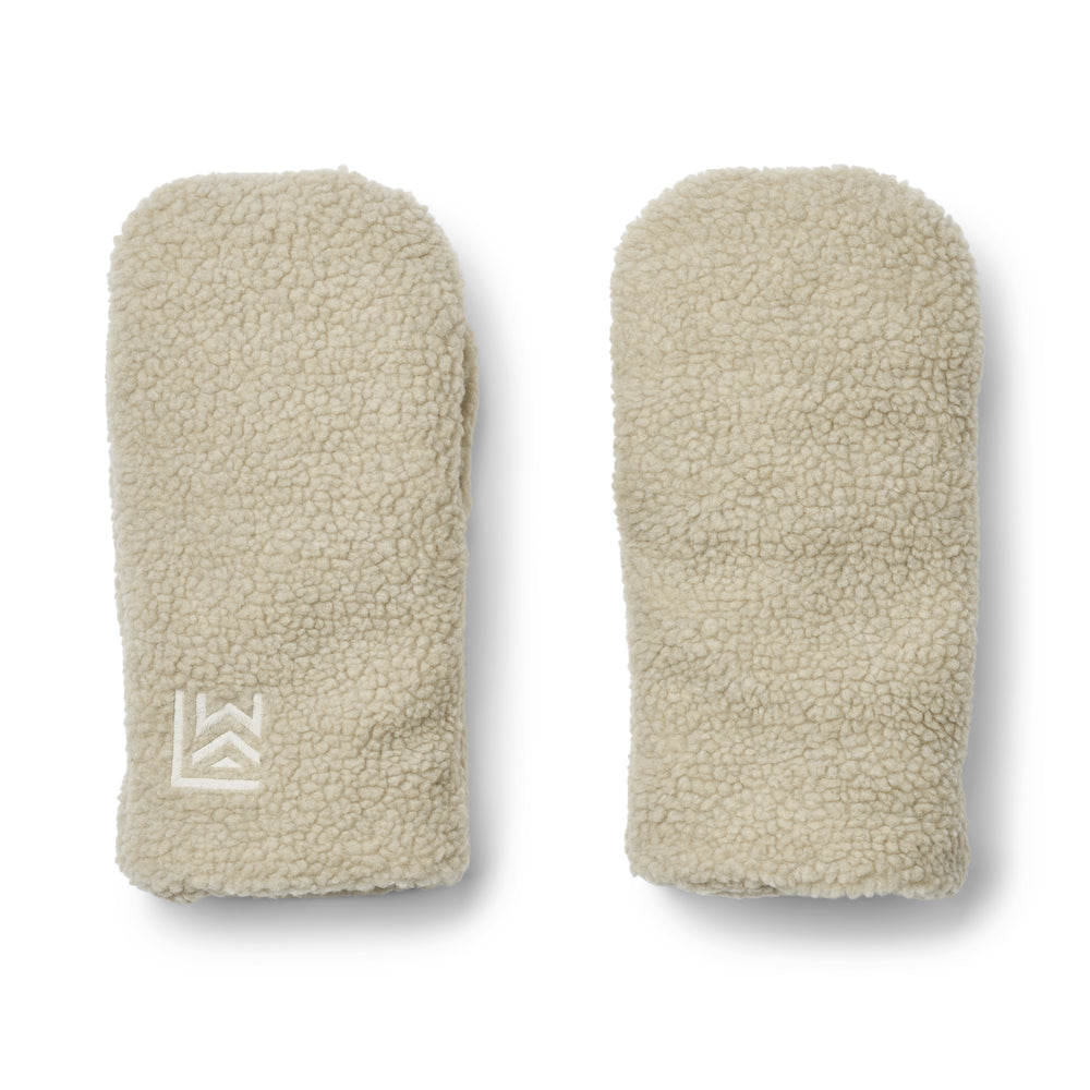 Liewood Veronika Pile Stroller Gloves, featuring soft pile fabric, fleece lining, and a baby hook and loop closure for attaching to pram handles, displayed on a neutral background.