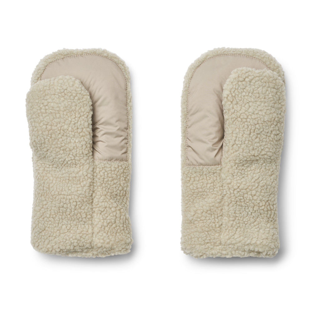 Liewood Veronika Pile Stroller Gloves, featuring soft pile fabric, fleece lining, and a baby hook and loop closure for attaching to pram handles, displayed on a neutral background.