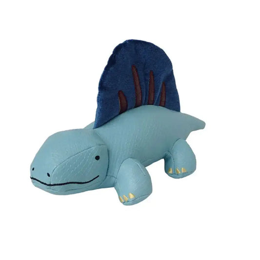 Adorable Dimitri the Dimetrodon dinosaur toy in light blue vegan leather with a textured finish and navy blue sail-like crest, featuring subtle stitched details and golden claw accents.