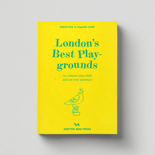 Book cover of 'London's Best Playgrounds' with yellow background and green text.