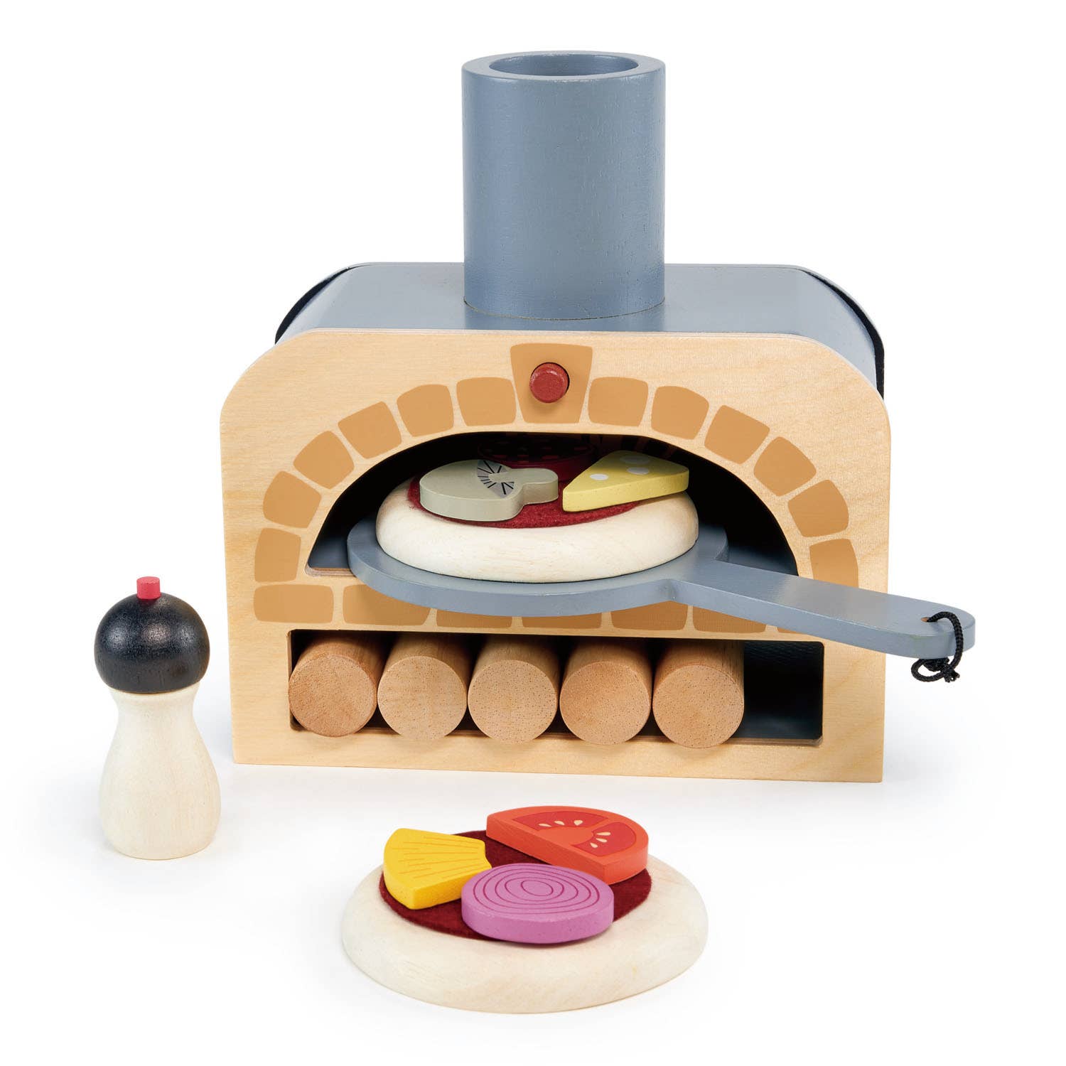 Wooden playset featuring a pizza oven, two pizza bases, felt tomato topping, six wooden toppings with velcro, a pizza slice, salt shaker, and five wooden logs, all crafted from sustainable rubberwood with non-toxic finishes.