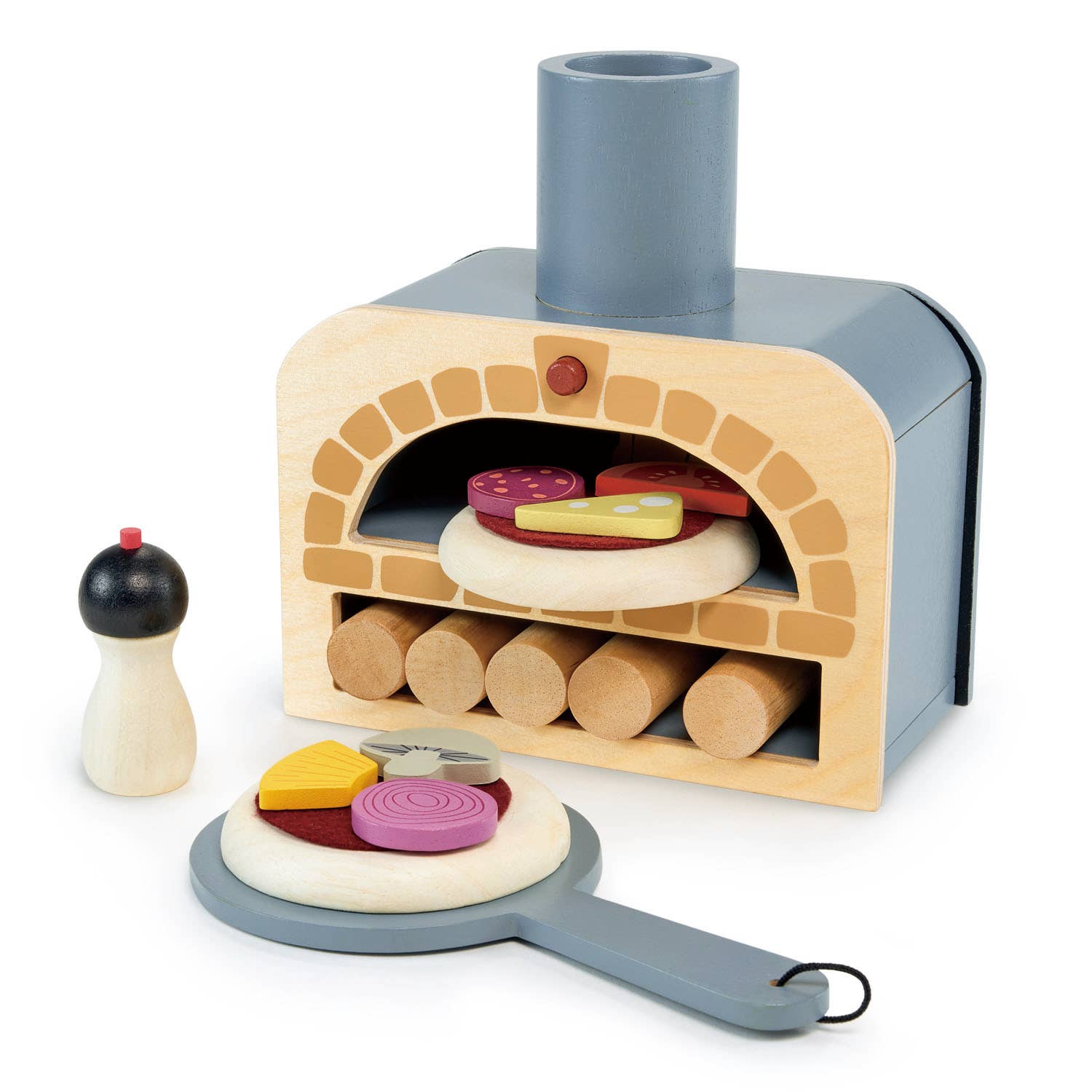 Wooden playset featuring a pizza oven, two pizza bases, felt tomato topping, six wooden toppings with velcro, a pizza slice, salt shaker, and five wooden logs, all crafted from sustainable rubberwood with non-toxic finishes.