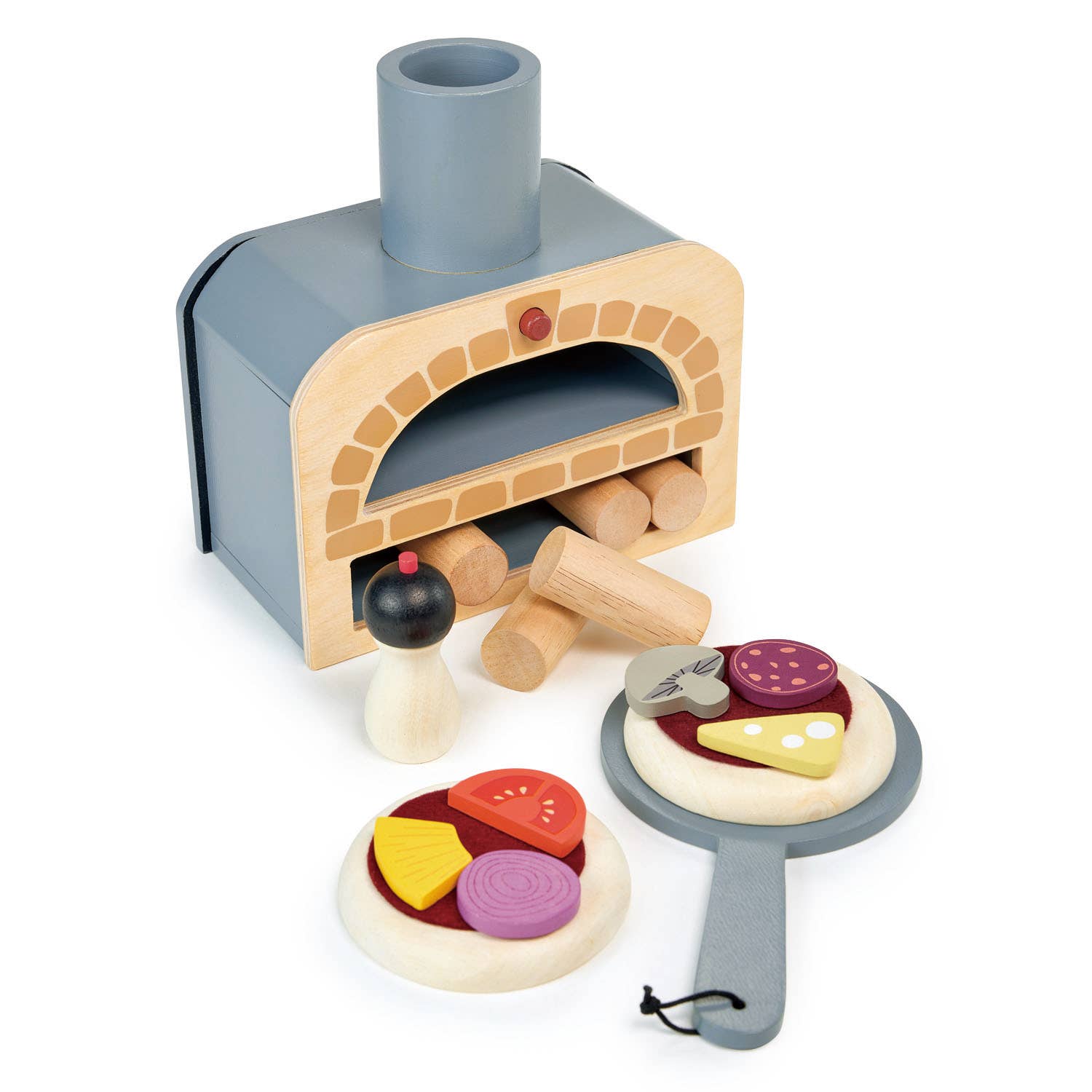 Wooden playset featuring a pizza oven, two pizza bases, felt tomato topping, six wooden toppings with velcro, a pizza slice, salt shaker, and five wooden logs, all crafted from sustainable rubberwood with non-toxic finishes.