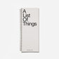 Notebook titled 'A List Of Things' on a white background