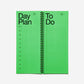 Green planner with 'Day Plan' and 'To Do' sections on a white background