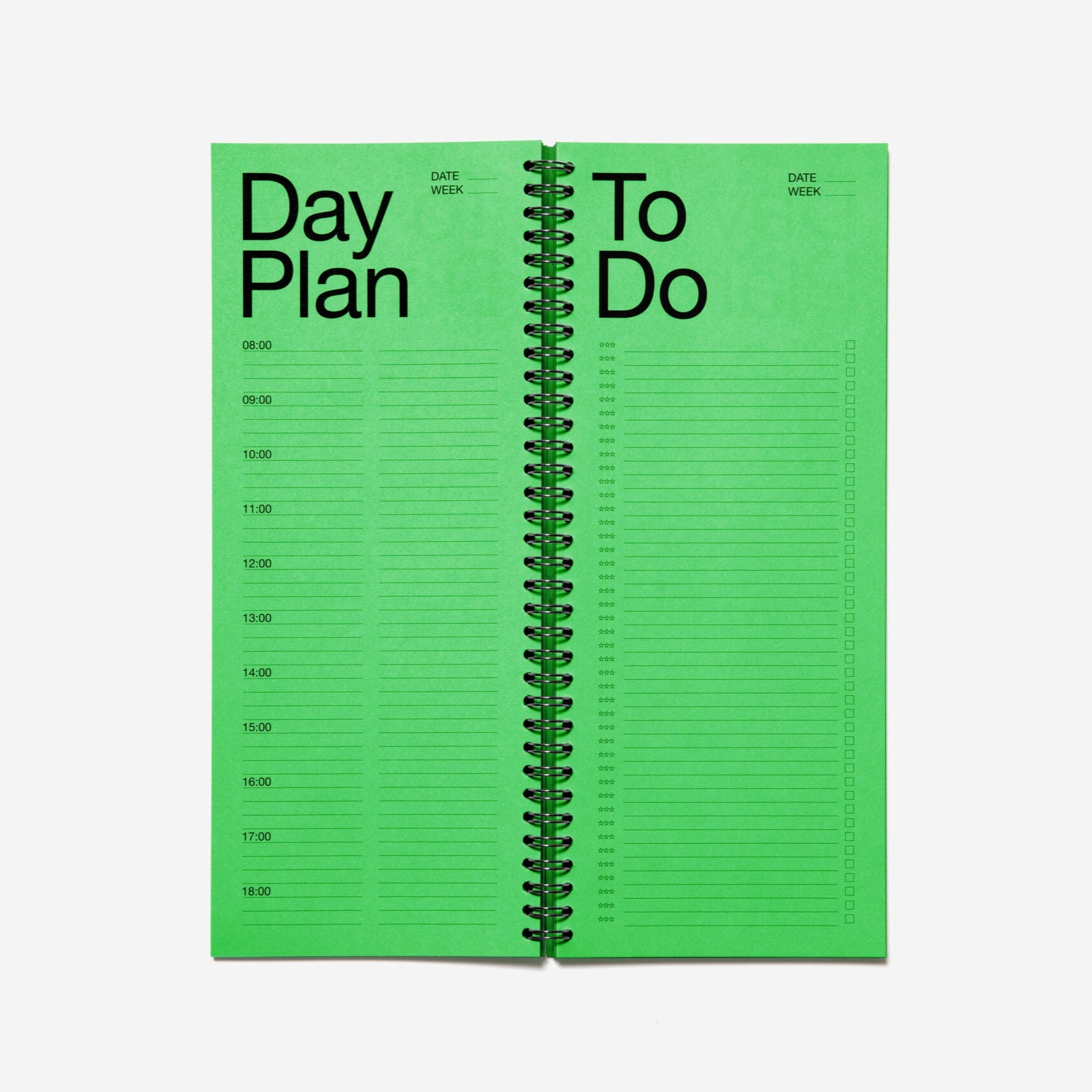 Green planner with 'Day Plan' and 'To Do' sections on a white background