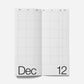 Two pages of a planner showing a month layout with grid lines on a white background.