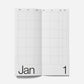 Two white calendar pages with grid layout on a light gray background