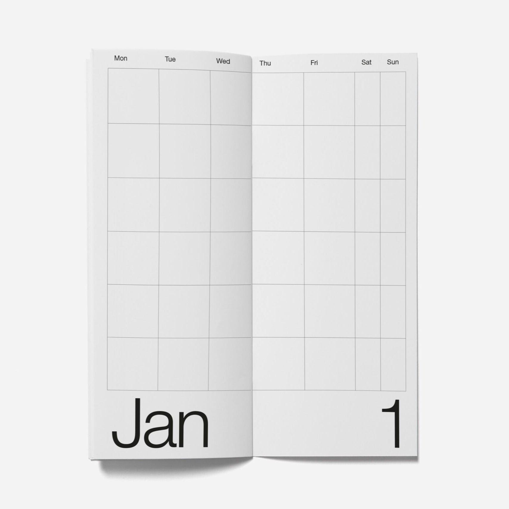 Two white calendar pages with grid layout on a light gray background