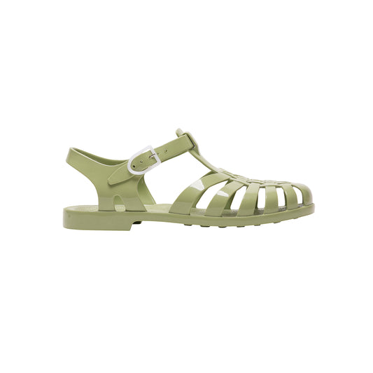 Side profile of an olive green Meduse jelly sandal, showcasing its breathable cut-out design and flexible sole.