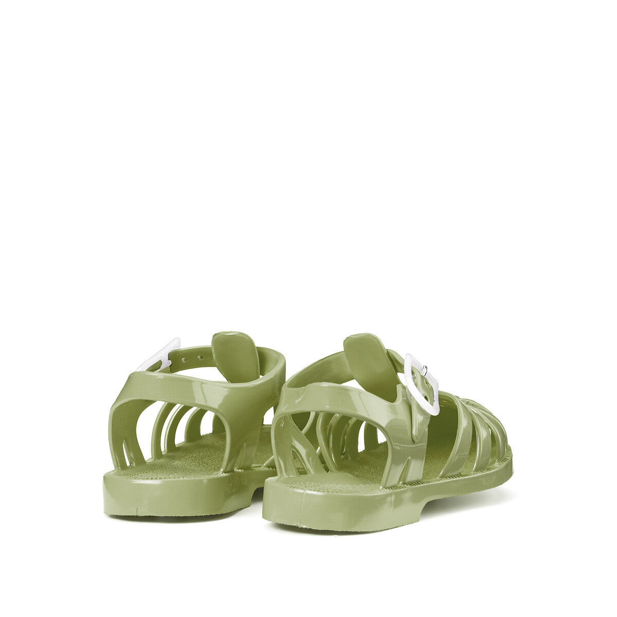 Rear view of a pair of olive green Meduse jelly sandals with white buckles, showing the back strap and sole details.