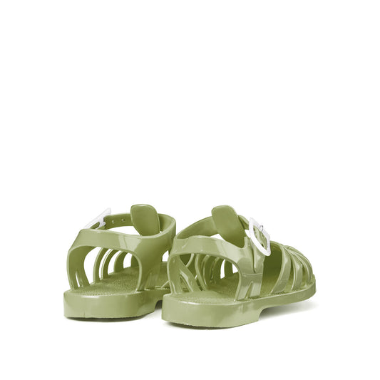 Rear view of a pair of olive green Meduse jelly sandals with white buckles, showing the back strap and sole details.