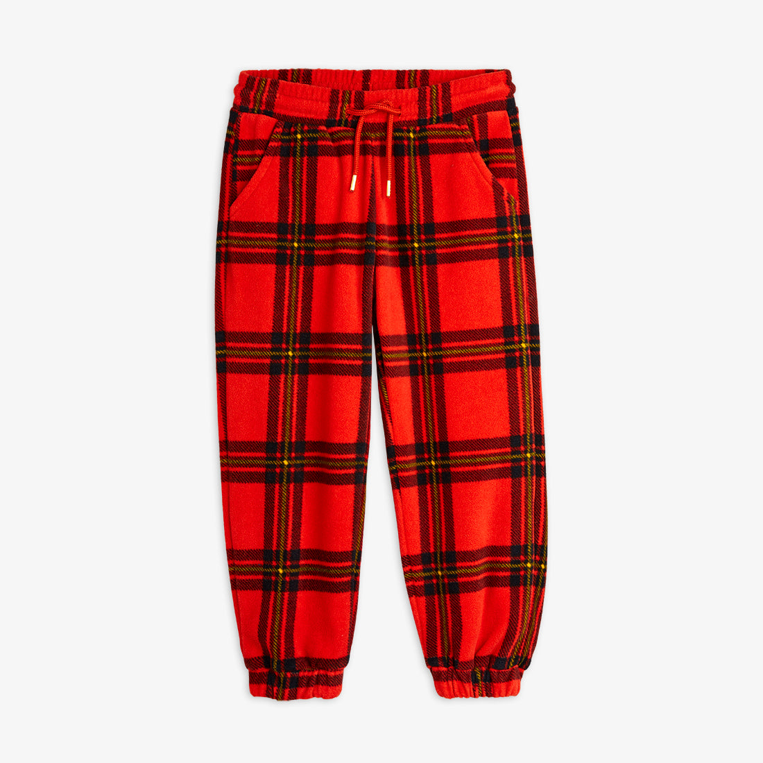 a Mini Rodini childrens bright red with large check pattern fleece trousers, with an elasticated draw string waistband and two side pockets and elasticated cuffs at the ankles