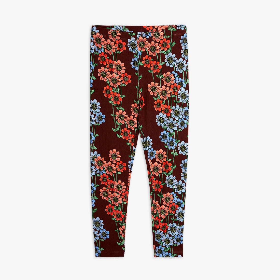 a pair of Mini Rodini childrens leggings in a deep burgundy colour with blue, pink and red daisies printed all over.