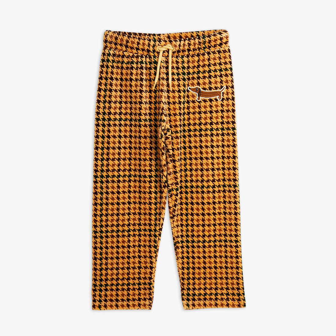 the Mini Rodini velour houndstooth tracksuit bottoms, in a beige colour with brown and black houndstooth all over pattern