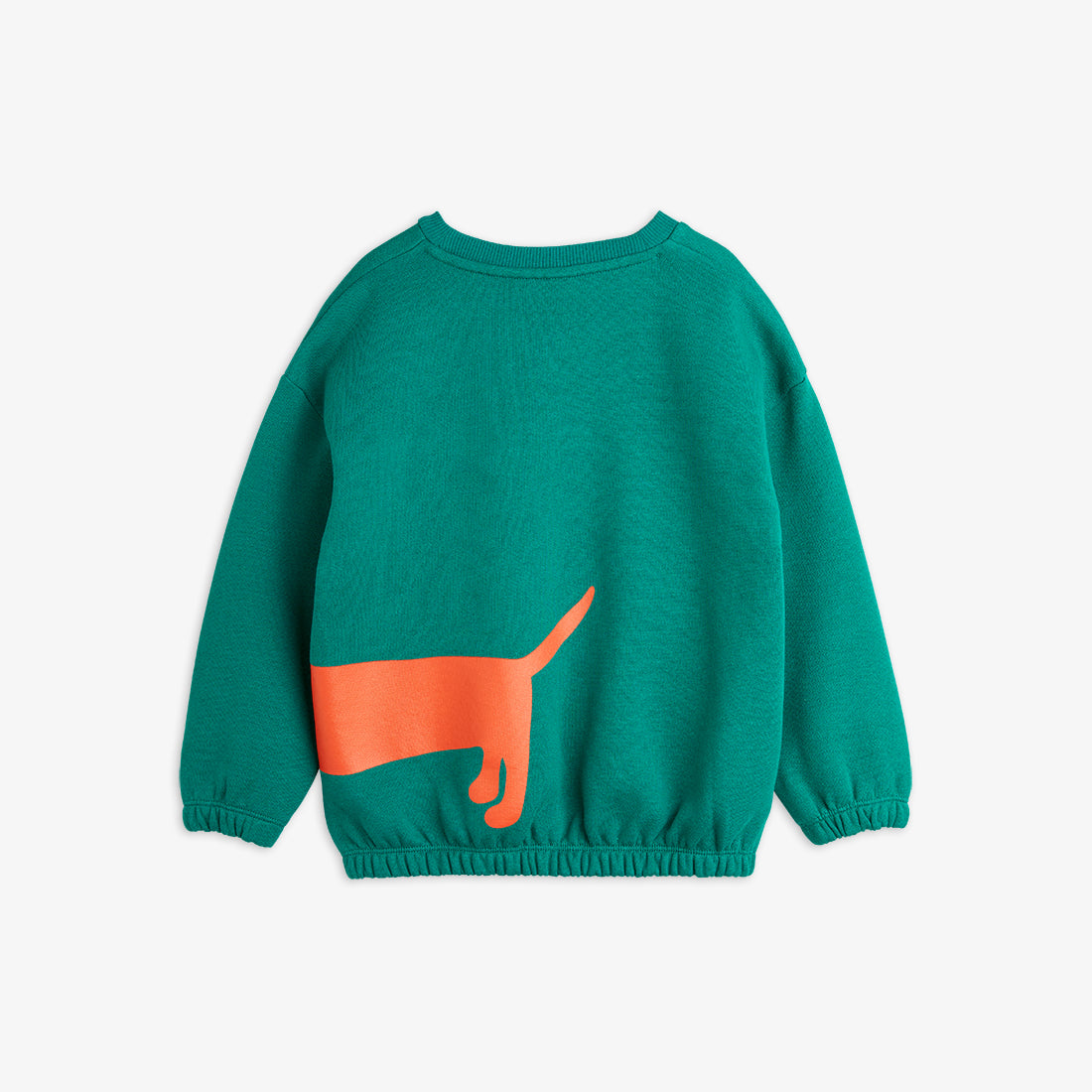 a pair of teal green mini rodini sweatshirt with a printed red sausage dog on the left side of the sweatshirt. with an elasticated waistband and cuffs on the sleeves