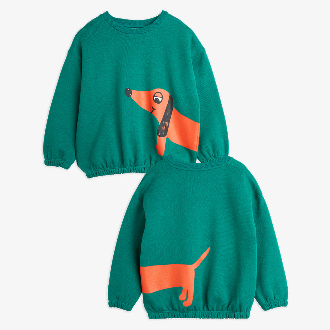 a pair of teal green mini rodini sweatshirt with a printed red sausage dog on the left side of the sweatshirt. with an elasticated waistband and cuffs on the sleeves