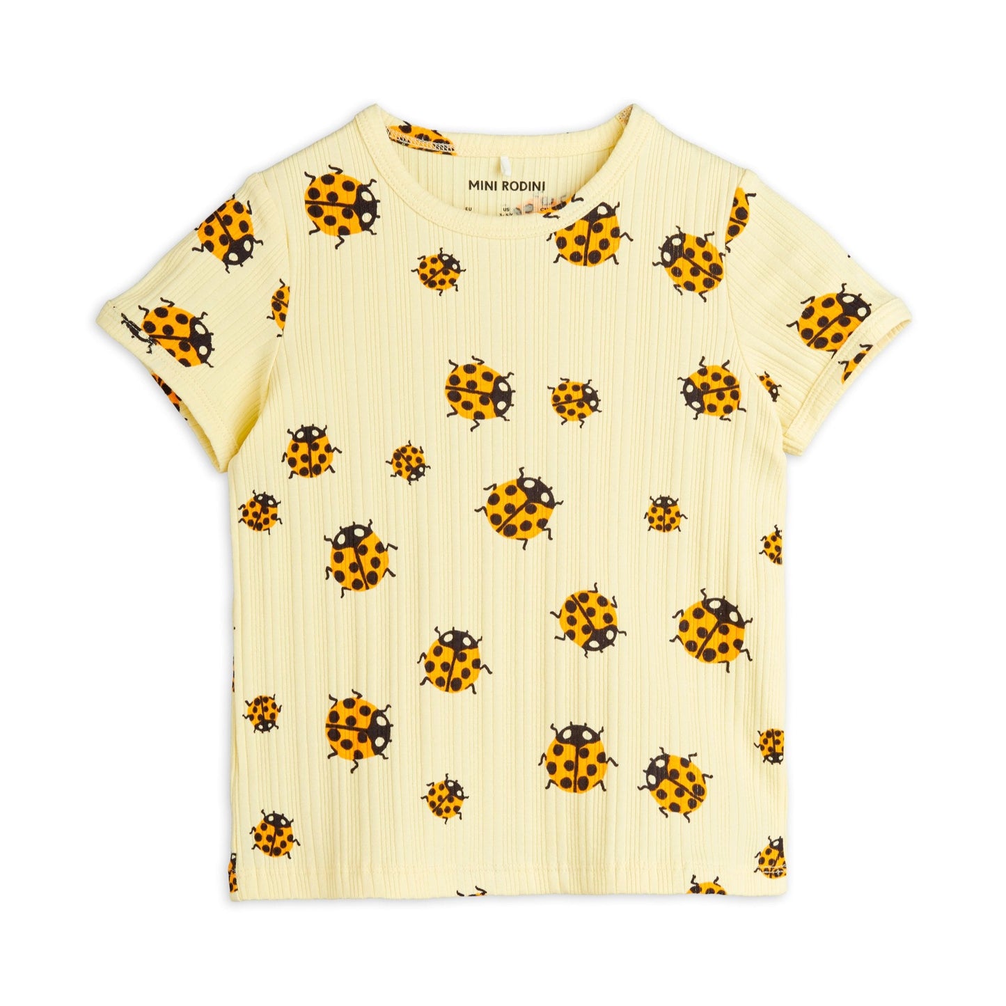 A short-sleeve children's T-shirt in soft yellow with an all-over orange and black ladybird print. Made from ribbed organic cotton with a round neckline and a slightly relaxed fit.