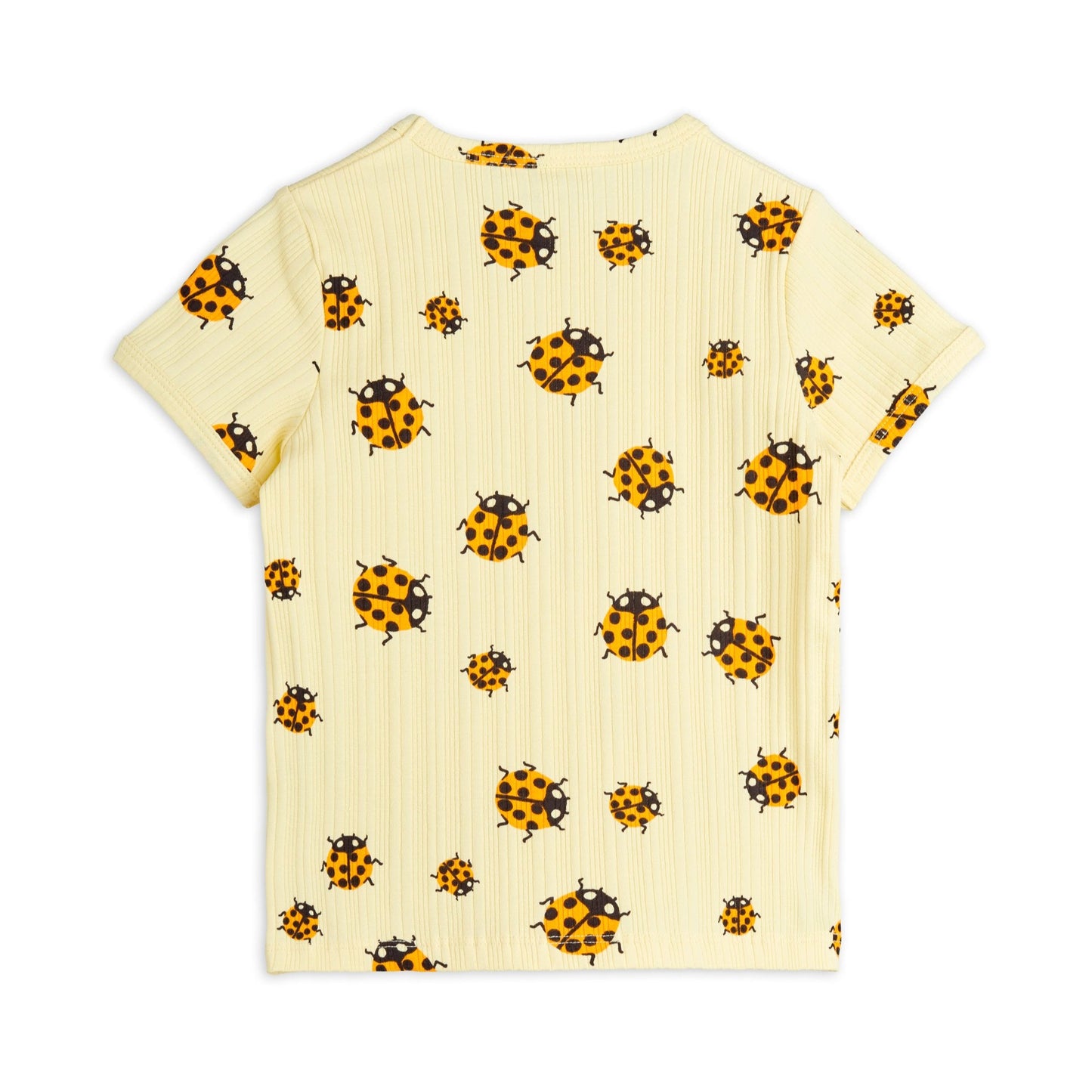 A back view of the ladybird-print ribbed T-shirt, showcasing the playful pattern and soft, stretchy fabric.