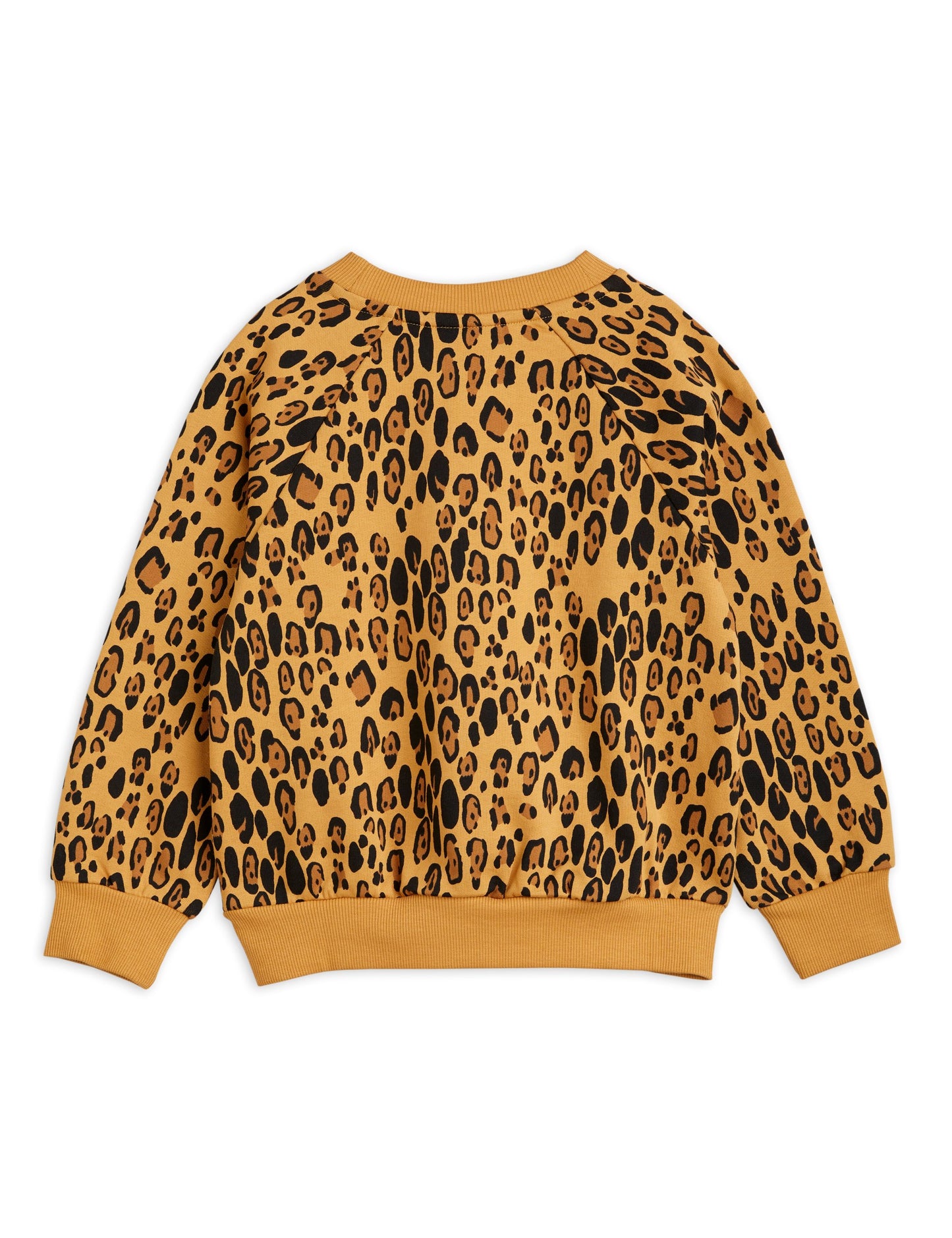  Leopard print Mini Rodini sweatshirt with long sleeves and a baggy fit. the leopard pattern is on a warm beige base with darker brown nd black leopard dots all over