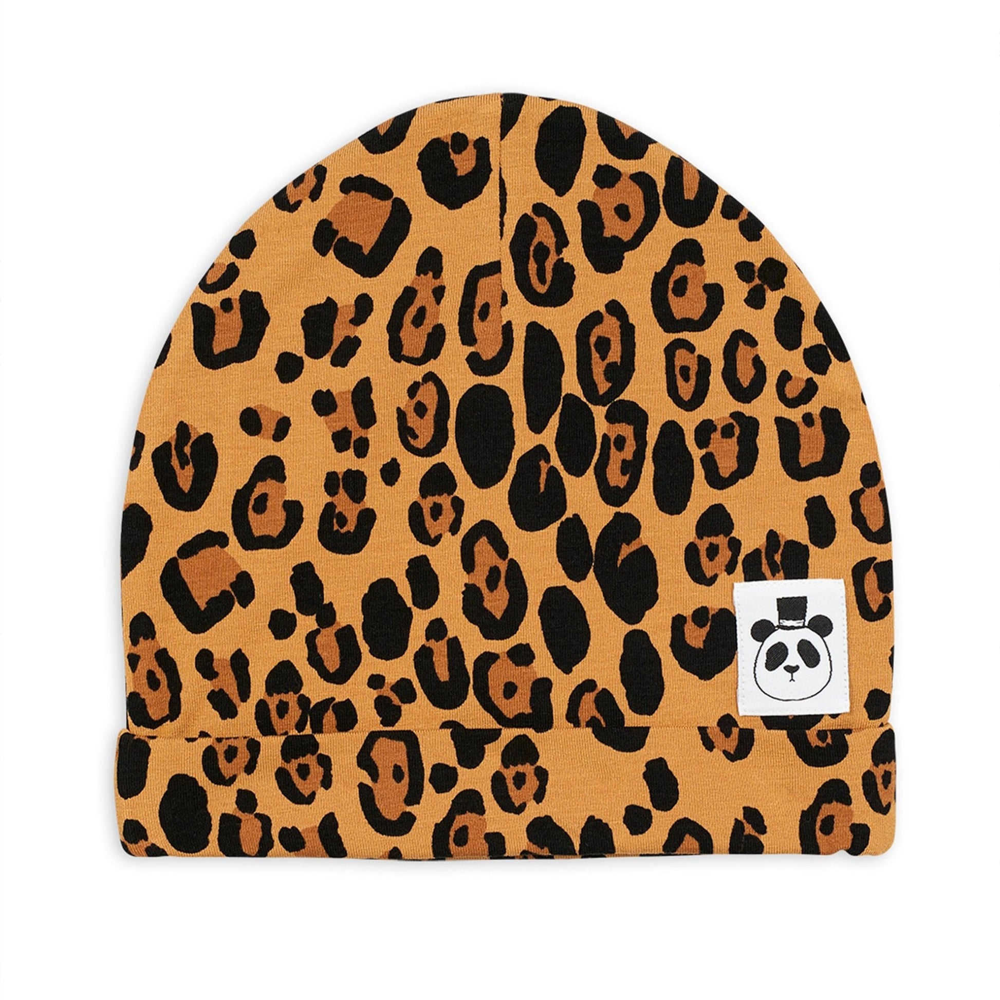 Mini Rodini Leopard Print Beanie Hat in soft TENCEL™ Lyocell fabric, featuring a fold-up design, all-over leopard print, and Mini Rodini Panda label