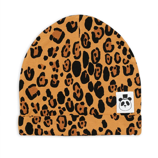 Mini Rodini Leopard Print Beanie Hat in soft TENCEL™ Lyocell fabric, featuring a fold-up design, all-over leopard print, and Mini Rodini Panda label