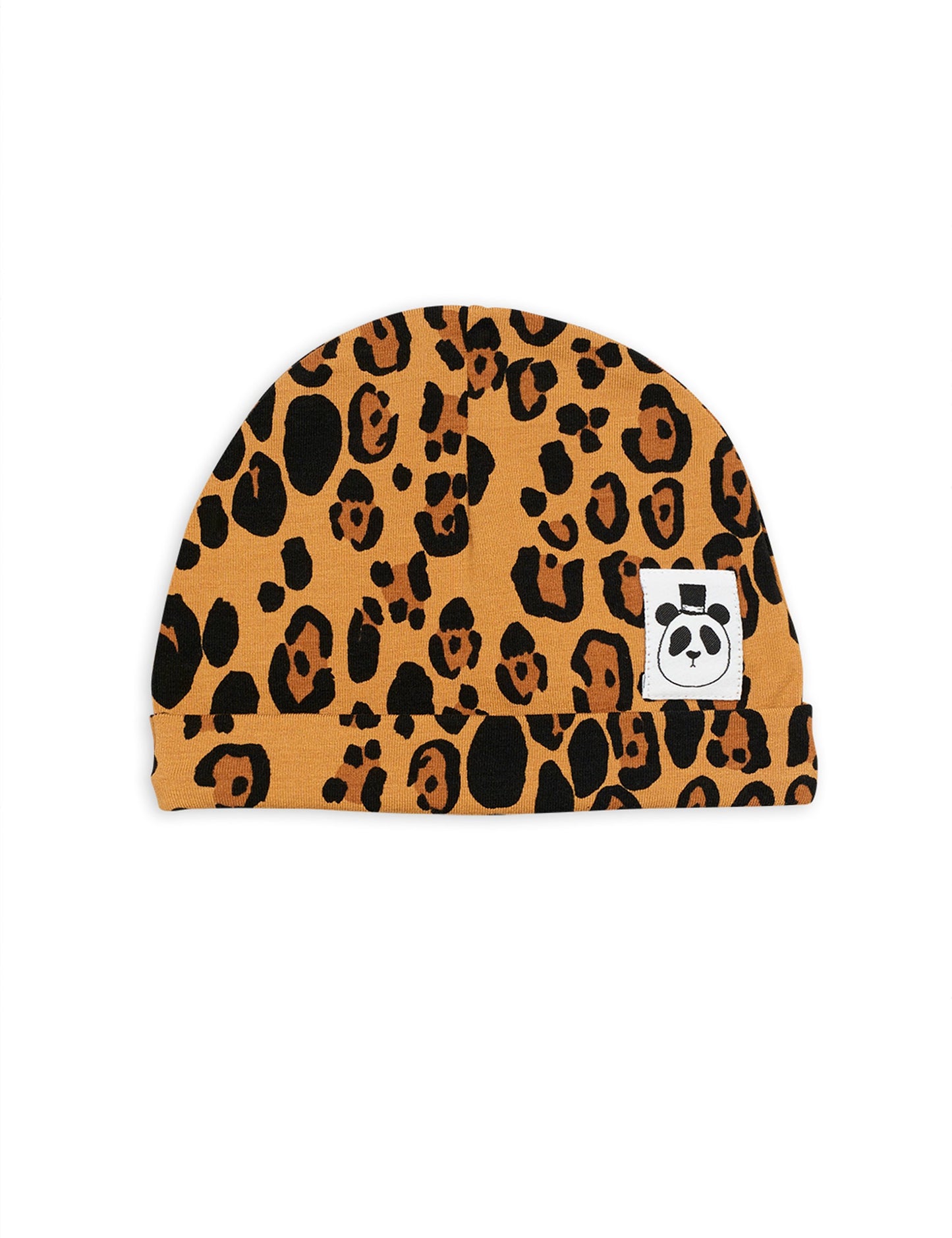 Mini Rodini Leopard Print Beanie Hat for tiny babies  in soft TENCEL™ Lyocell fabric, featuring a fold-up design, all-over leopard print, and Mini Rodini Panda label