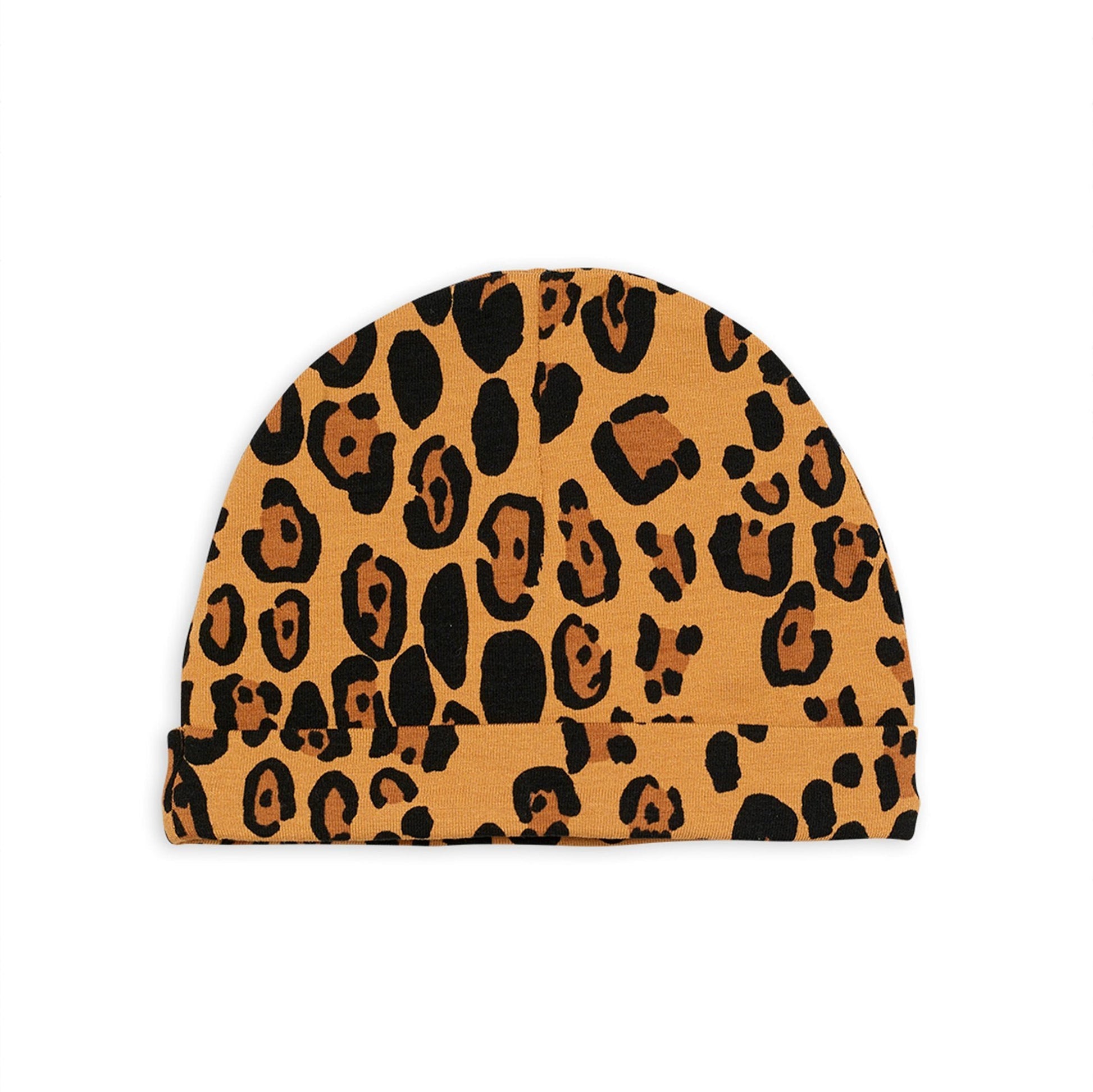 Mini Rodini Leopard Print Beanie Hat for newborns in soft TENCEL™ Lyocell fabric, featuring a fold-up design, all-over leopard print, shown from the back with no panda label