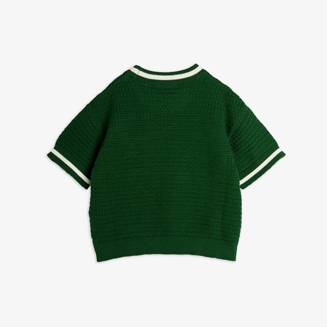 Back view of the green crochet-knit Mini Rodini tee with contrast striped trim.