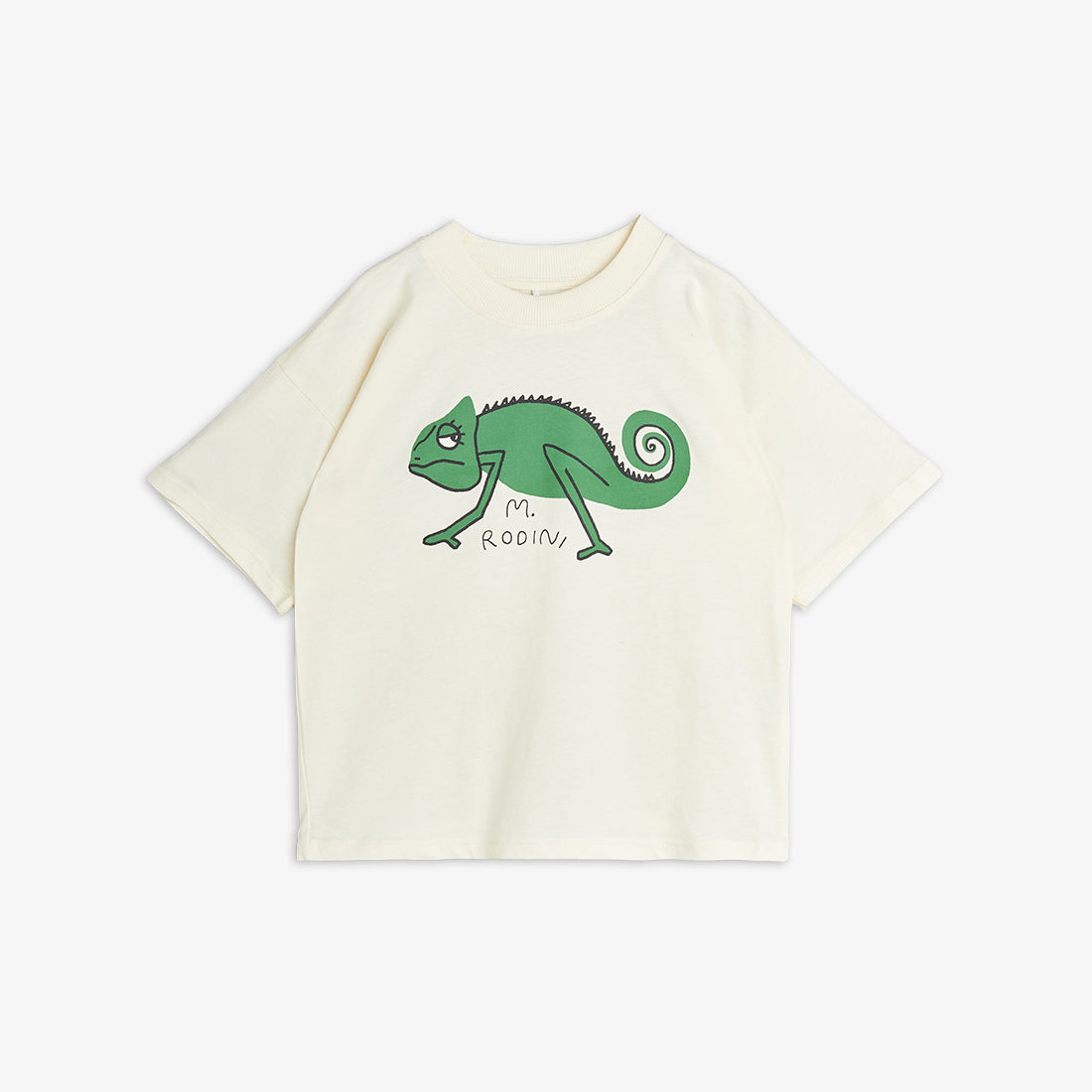 Mini Rodini off-white short-sleeve T-shirt with a bold green chameleon print on the front. Features a ribbed neckline and a casual, oversized fit.