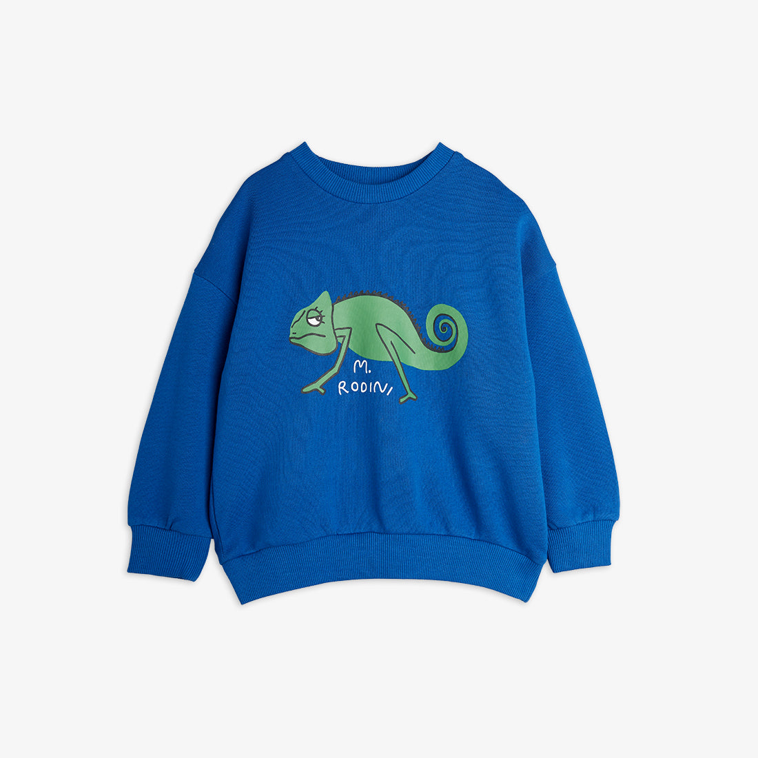 Mini Rodini blue sweatshirt with a bold green chameleon print on the front. Designed with ribbed cuffs and hem, and a relaxed fit for comfort.