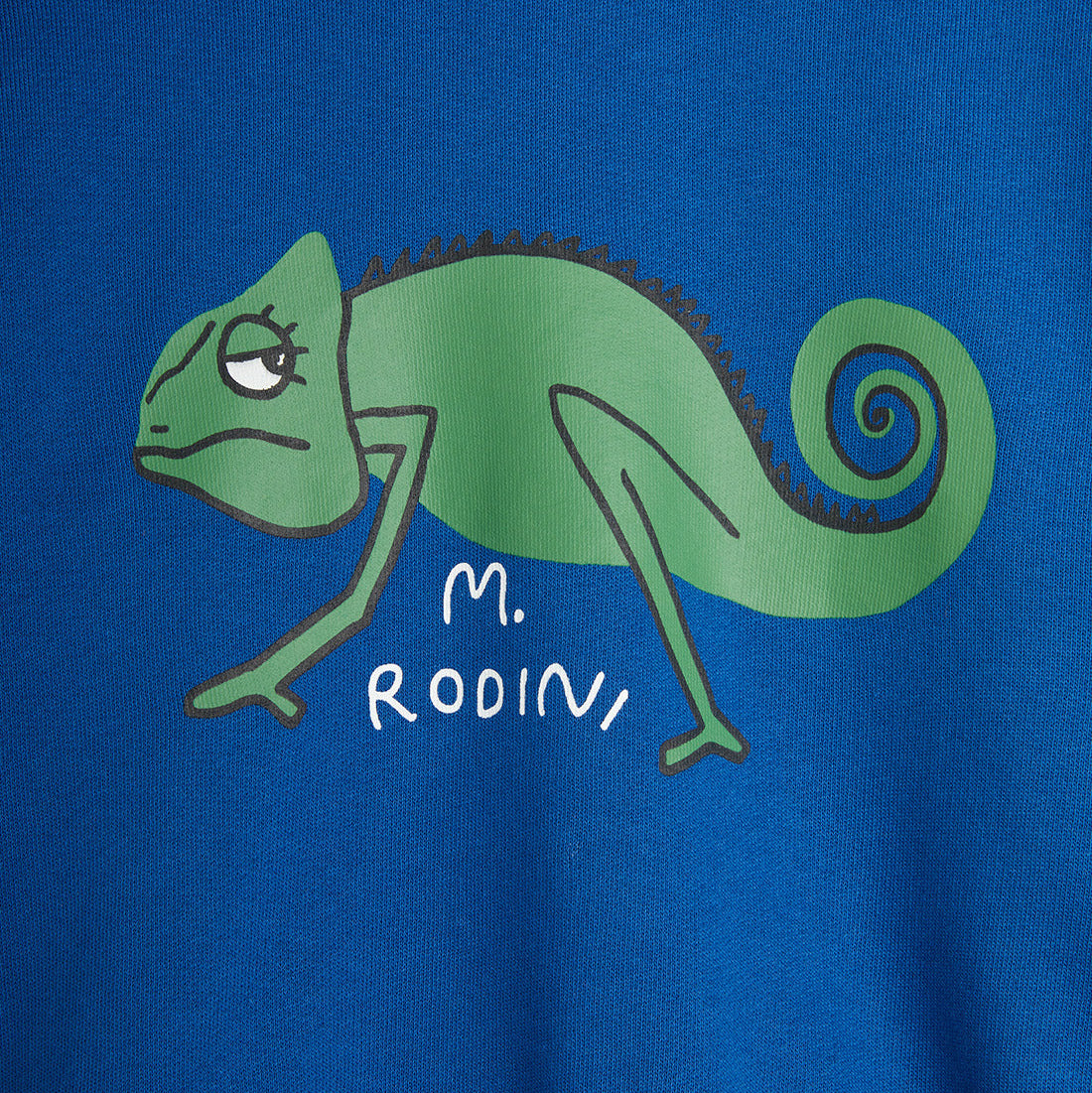 Detailed view of the Mini Rodini sweatshirt featuring a large green chameleon graphic with black outlines and the "M. Rodini" logo in white on a bright blue background.