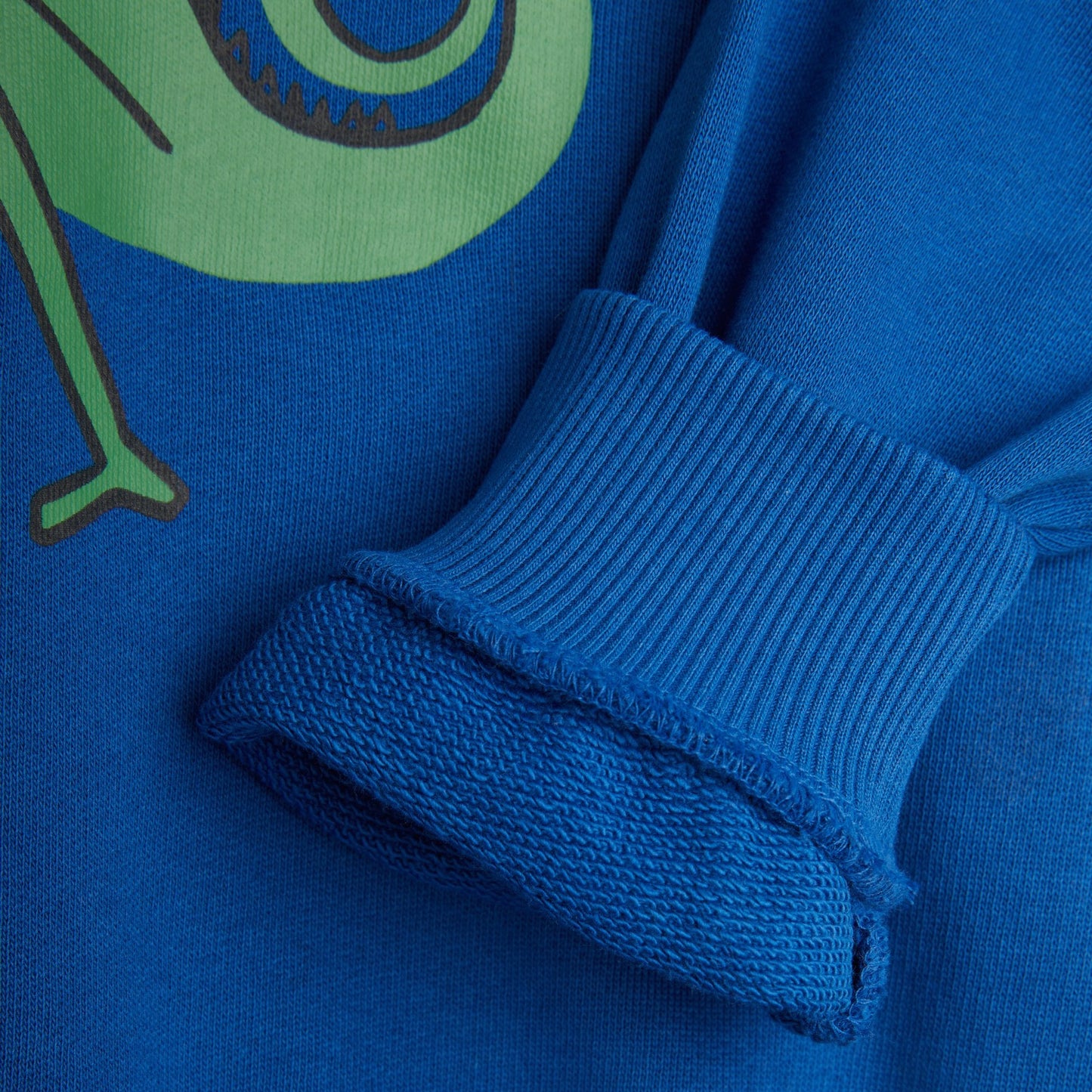 Close-up of the Mini Rodini blue sweatshirt featuring a green chameleon print. The image highlights the ribbed cuff, soft inner lining, and neatly finished stitching for a comfortable fit.