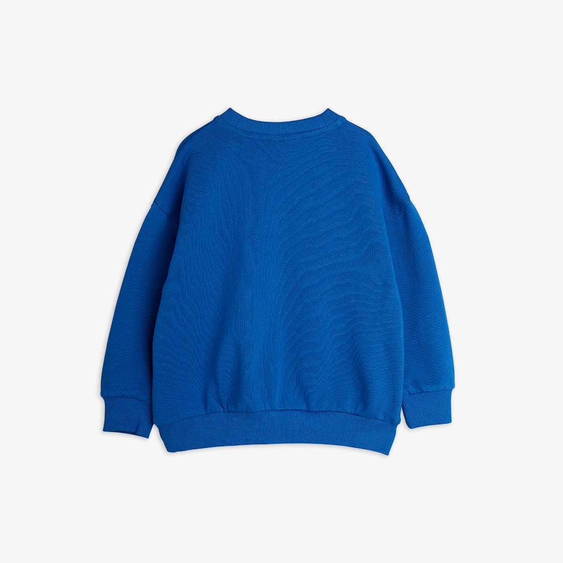 Back view of the Mini Rodini blue sweatshirt, featuring a classic crewneck design with ribbed cuffs and hem for a relaxed fit.