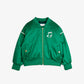 A green satin baseball jacket with ribbed cuffs, hem, and collar. Features a gold zip closure, snap-button pockets, white piping on the sleeves, and an embroidered Mini Rodini musical note logo on the chest.