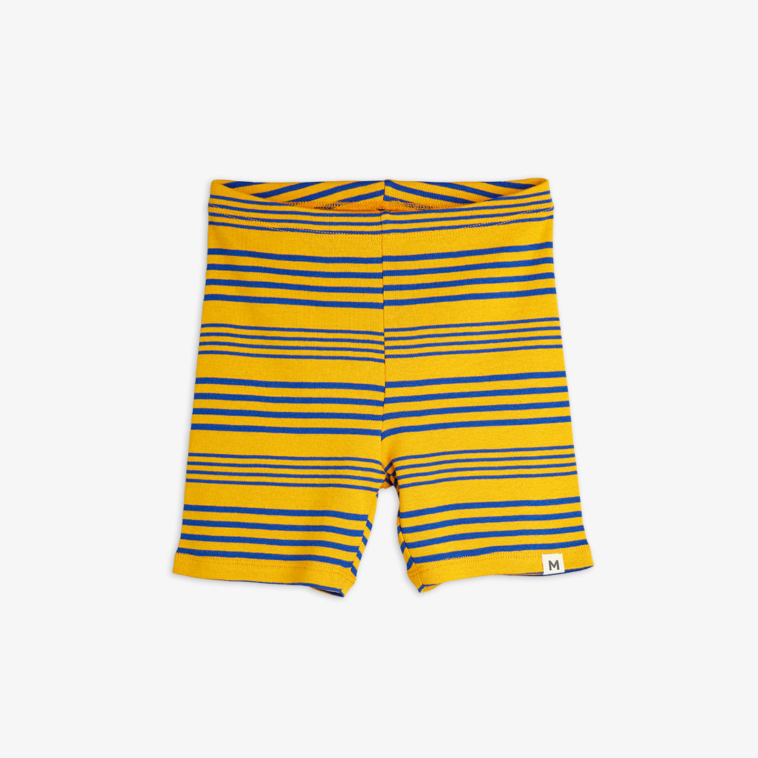 Mini Rodini ribbed bike shorts in yellow with blue and black horizontal stripes. Featuring a snug fit, an elasticated waistband, and a small logo tag on the hem.