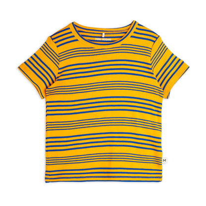  Full front view of the Mini Rodini Stripe Short Sleeve Tee, with a classic short-sleeve silhouette, round neckline, and bold yellow and blue stripes.