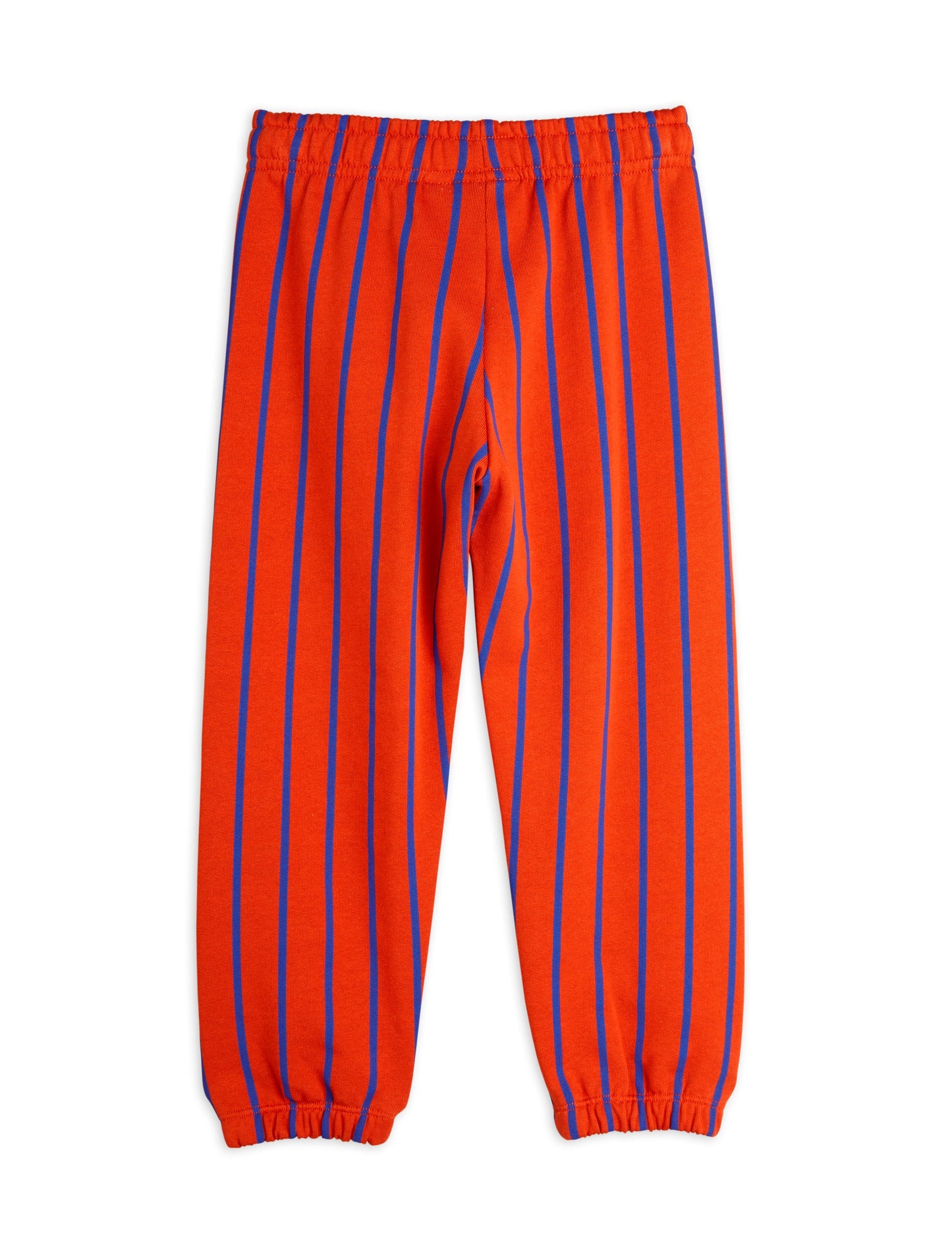 Mini Rodini striped trousers in a bold orange hue with contrasting blue vertical stripes. Designed with an elasticated waistband and elasticated cuffs for a relaxed fit.