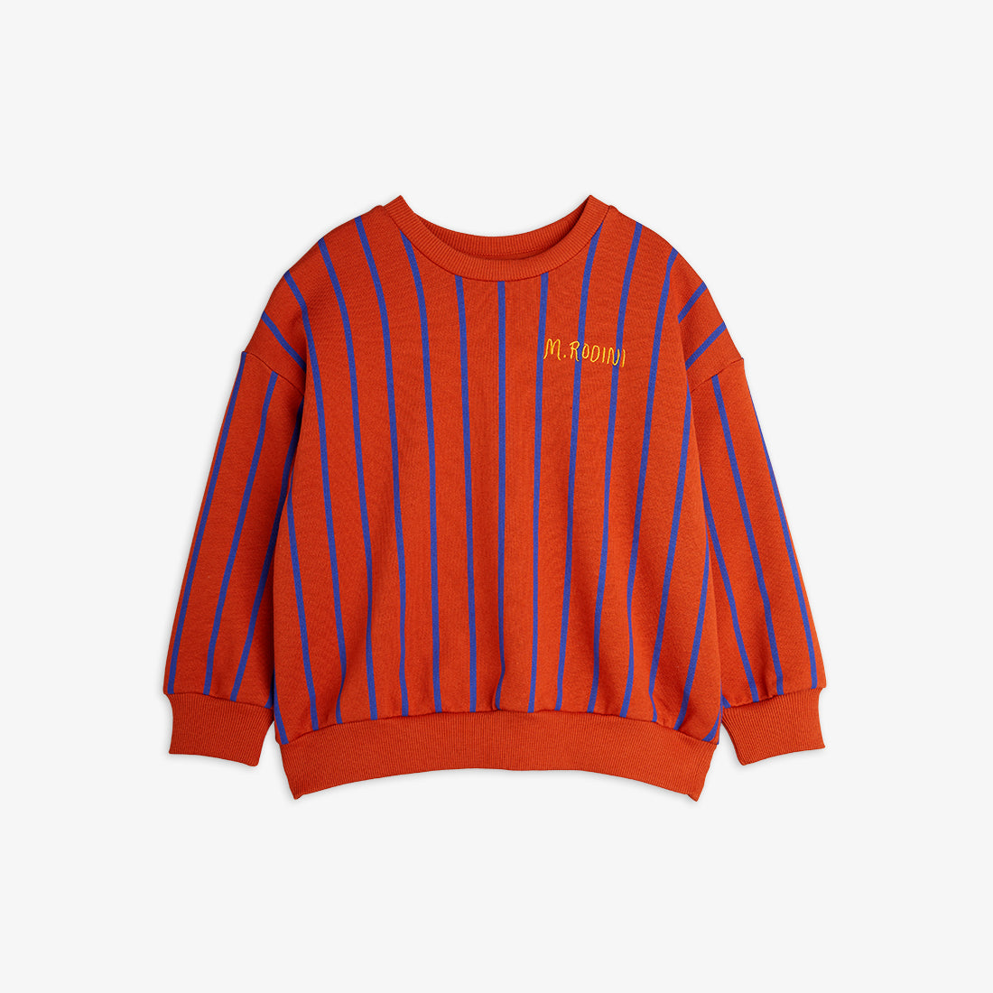 A red Mini Rodini sweatshirt featuring vertical blue stripes and a relaxed fit. The sweatshirt has ribbed cuffs and hem for a comfortable fit.