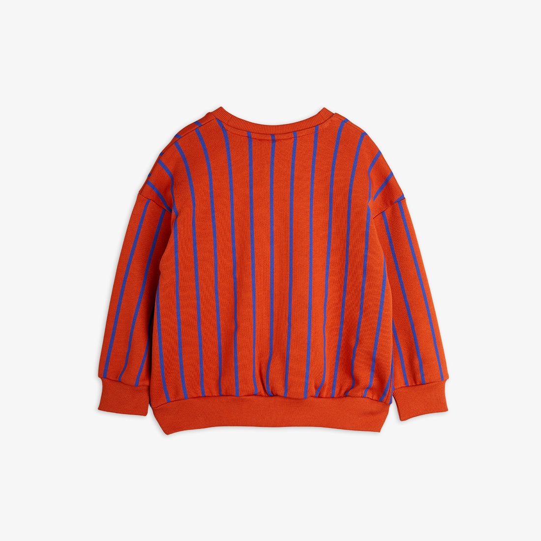  Back view of the Mini Rodini stripe sweatshirt in red, displaying the full-length vertical blue stripe design.