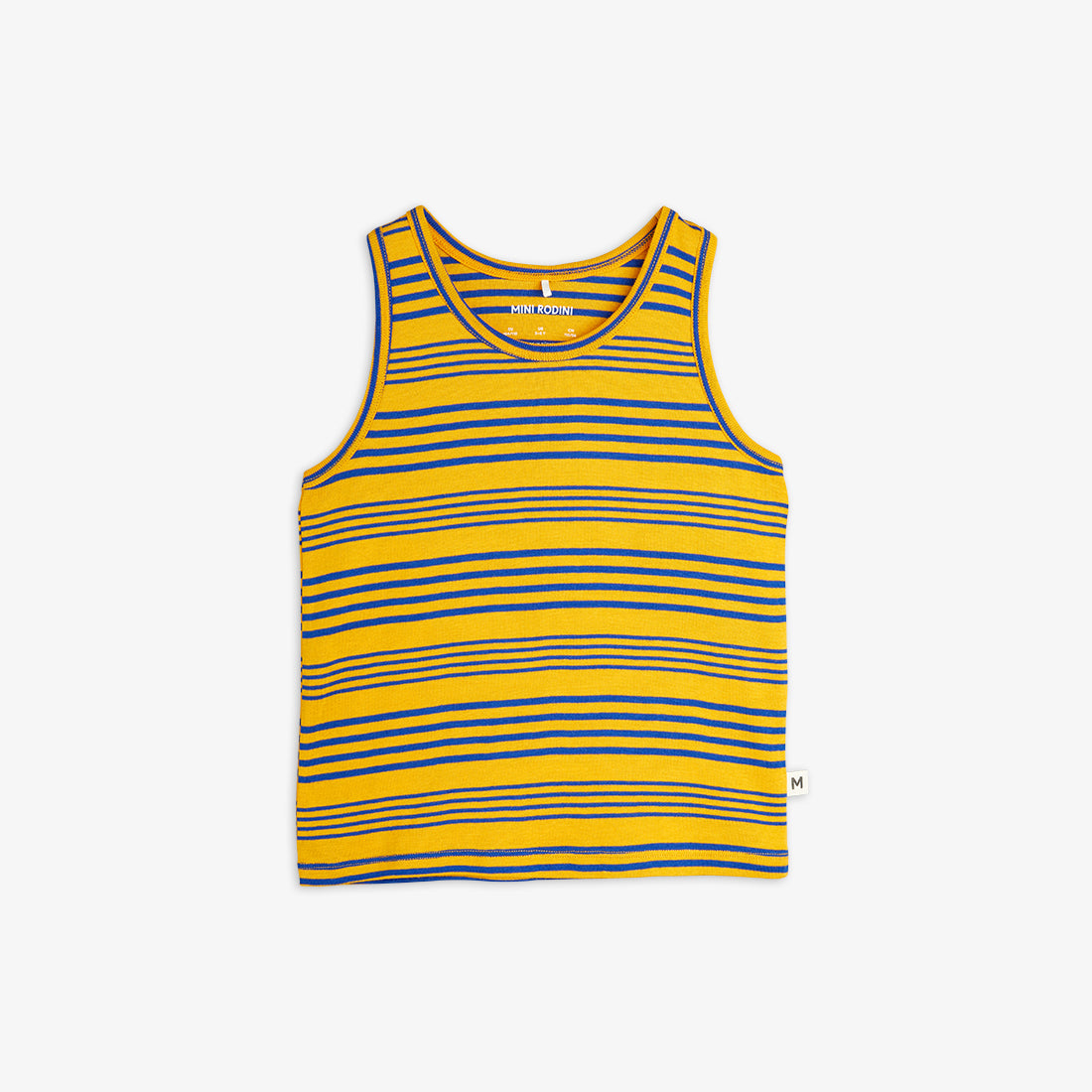 A full front view of the Mini Rodini Stripe Tank, showcasing its all-over yellow and blue stripe pattern, round neckline, and a relaxed fit.