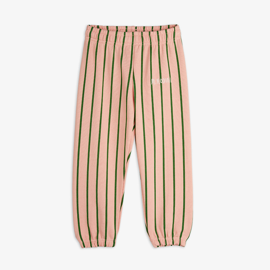 Mini Rodini vertical stripe sweatpants in pink with green stripes. Designed with an elasticated waistband, ribbed cuffs, and a relaxed fit for comfort.